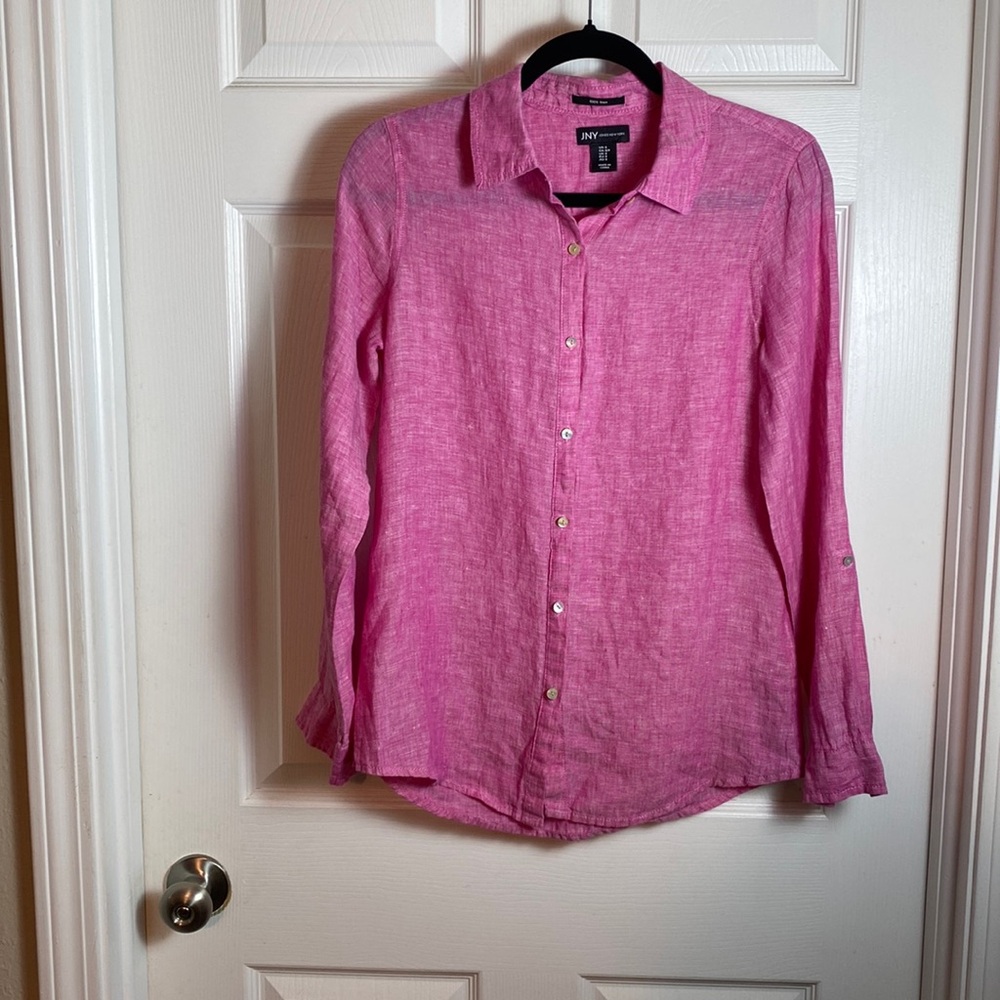 Jones New York Pink 100% Linen Top Size Small Roll Tab Sleeve Collared Button Up